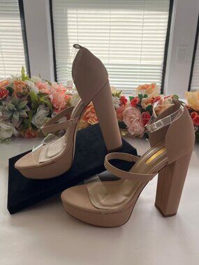 Liliana Yuko-11 Clear Strap Platform Block Heel Sandals Nude Women’s Size 8 NIB